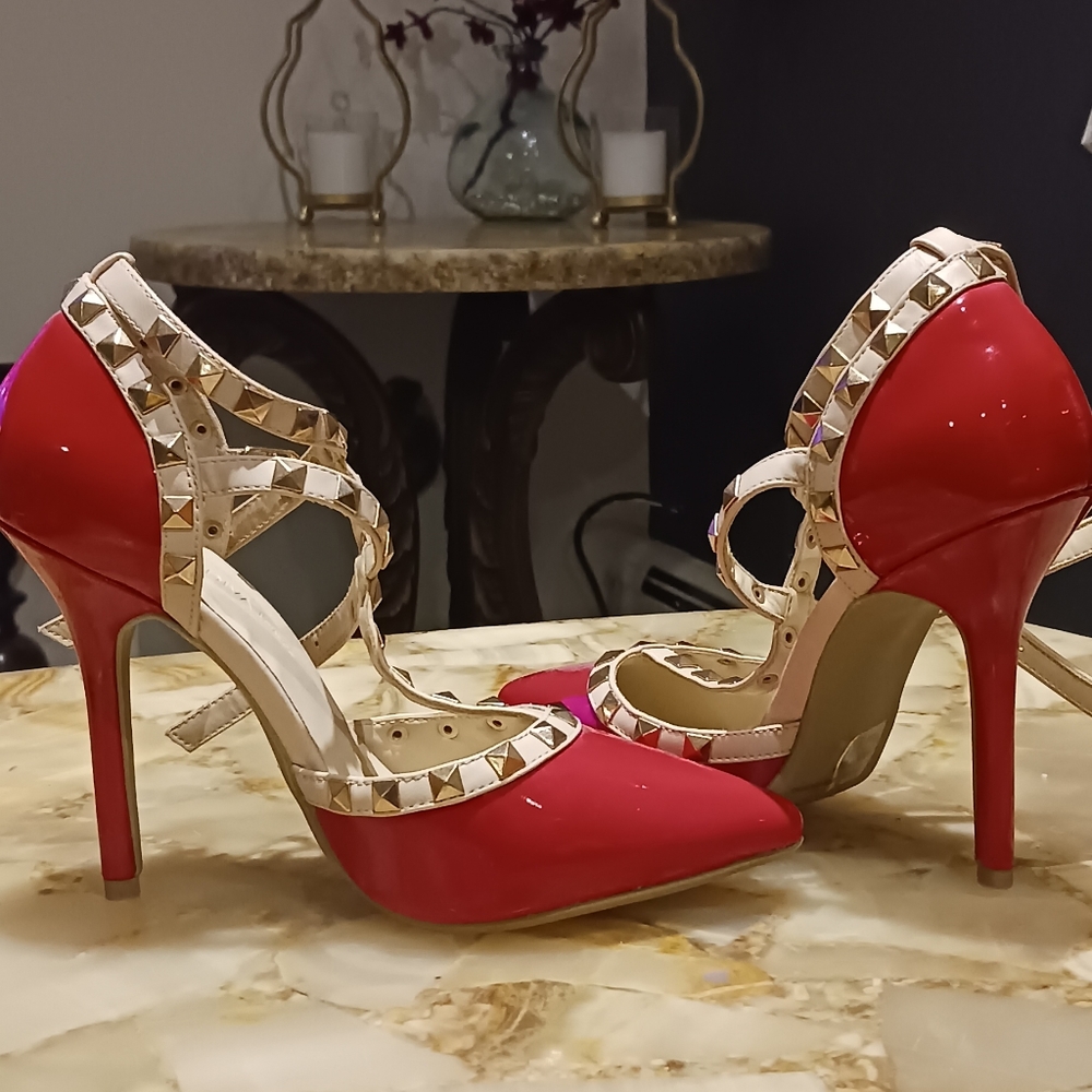 WIld Diva Red Patent Leather studded ankle strap heels size 7 fits a 6.5
